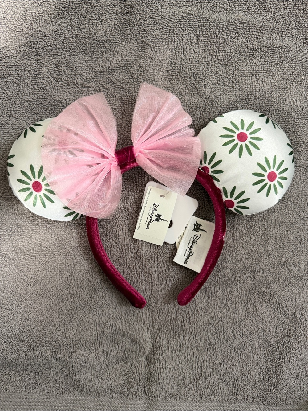 Disney Pink Bow Green Floral Minnie Ears Headband